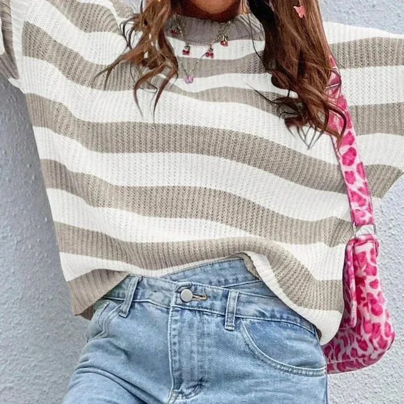 Multicolor Casual Women's Striped Pattern Drop Shoulder Sweater - Picture 5 of 8